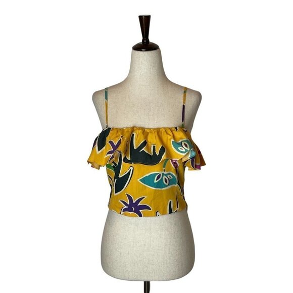 Zara Yellow Floral Print‎ Adjustable Strap Ruffled Bust Cropped Top Tropical M - Picture 5 of 13